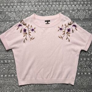 Massimo Dutti Short Sleeve Sweater Large Pale Pink Floral Embroidered Wool Blend